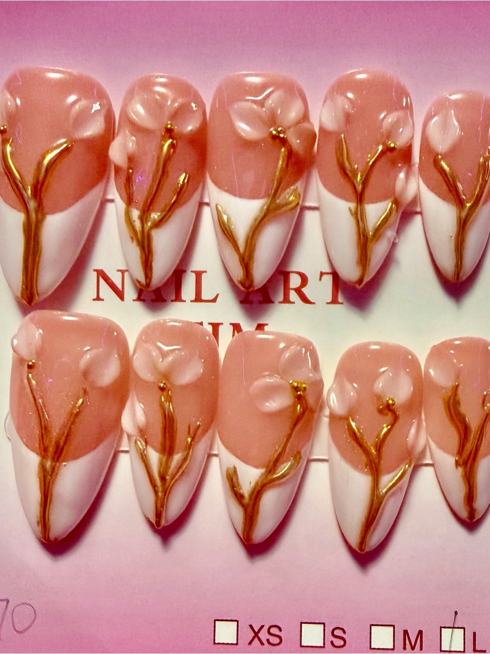 Premium Pink Floral Press-On Nail Set with Gold Accents